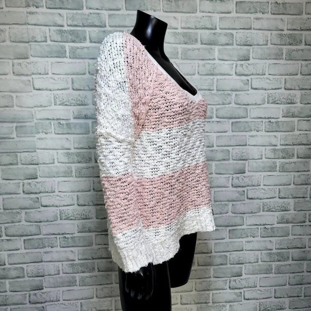 Free People Womens XS Oversized SongBird Pink Striped‎ Chunky Open Knit Sweater